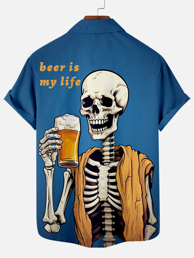 Skeleton Skull Beer Is My Life Graphic Men's Short Sleeve ShirtMens short sleeve shirts Big and tall Mens shirts Short sleeve shirts for men Mens 4xl shirts Casual short sleeve shirts