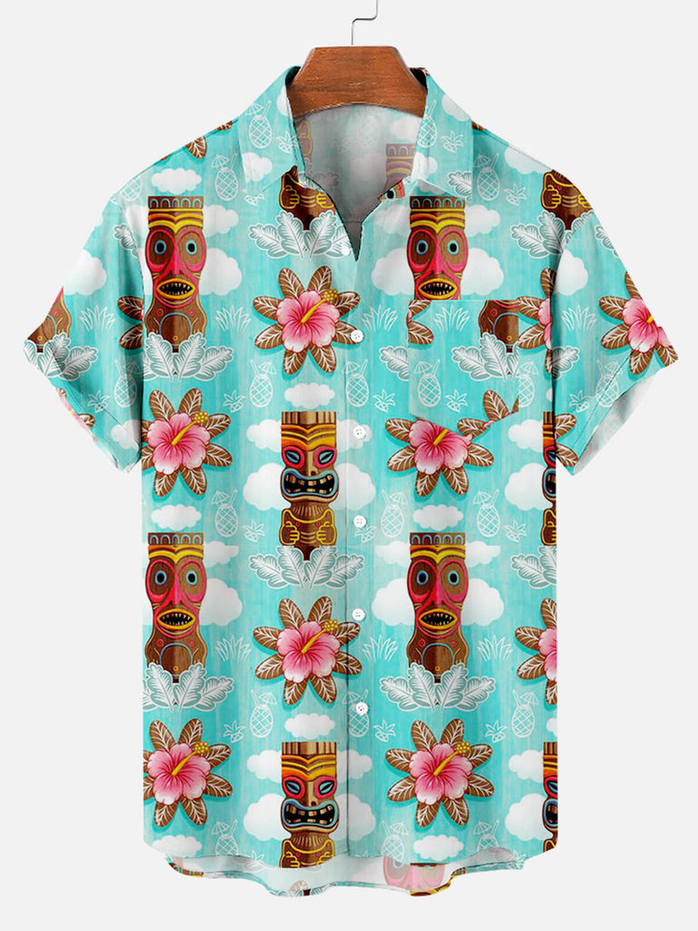 Men's Floral Tiki Pattern Men's Short Sleeve Hawaii Shirt with Chest PocketMens short sleeve shirts Big and tall Mens shirts Short sleeve shirts for men Mens 4xl shirts Casual short sleeve shirts