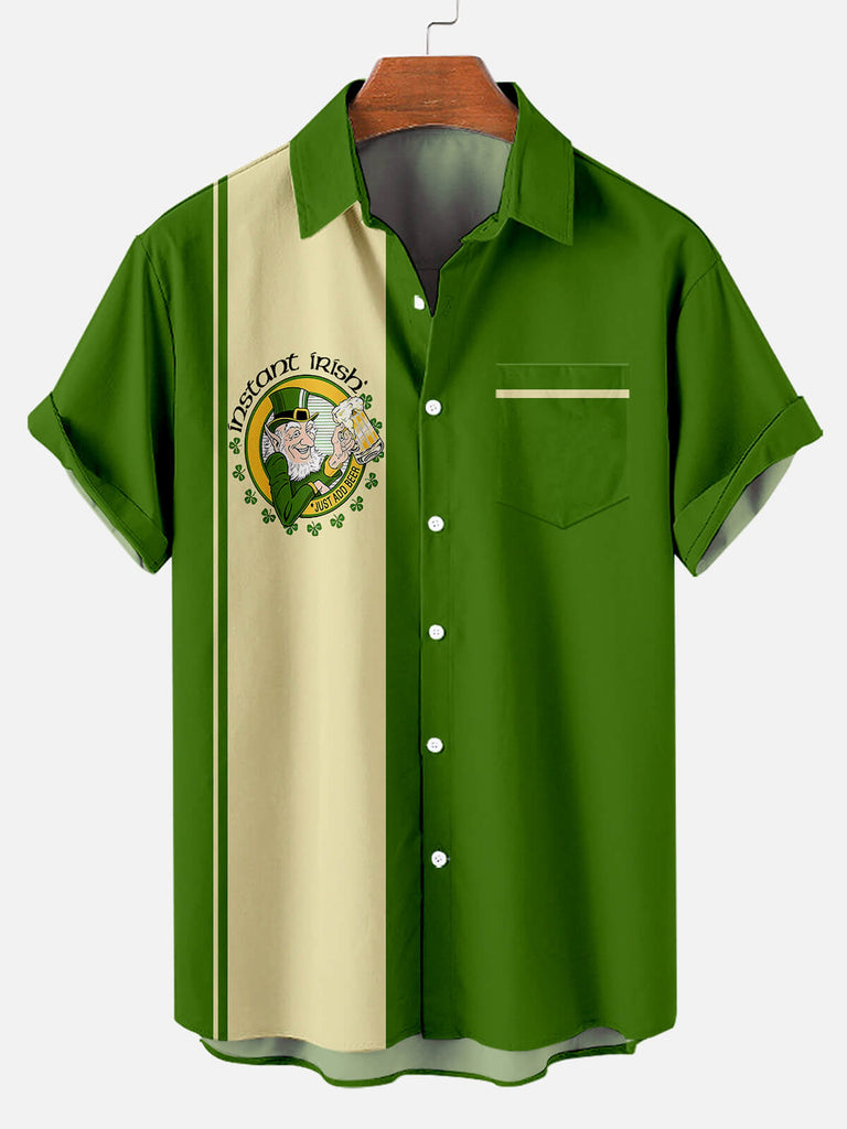 Men's Funny St. Patrick's Day Instant Irish Just Add Beer Contrast Stripe Print Short Sleeve ShirtMens short sleeve shirts Big and tall Mens shirts Short sleeve shirts for men Mens 4xl shirts Casual short sleeve shirts