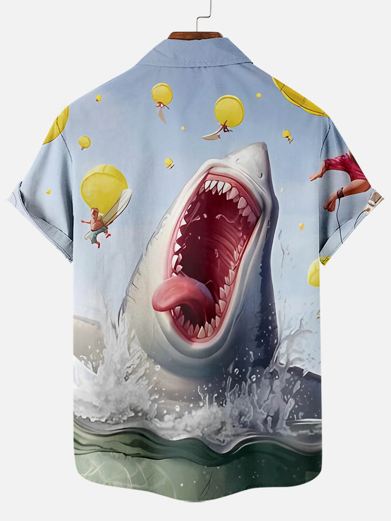 Men's Cartoon Fun Shark Print Short Sleeve ShirtMens short sleeve shirts Big and tall Mens shirts Short sleeve shirts for men Mens 4xl shirts Casual short sleeve shirts