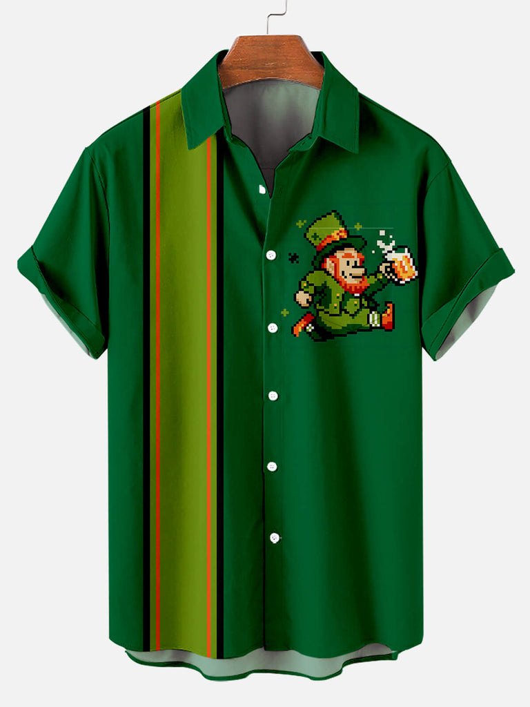 Men's St. Patrick's Pixel Style Contrast Stripe Print Short Sleeve ShirtMens short sleeve shirts Big and tall Mens shirts Short sleeve shirts for men Mens 4xl shirts Casual short sleeve shirts