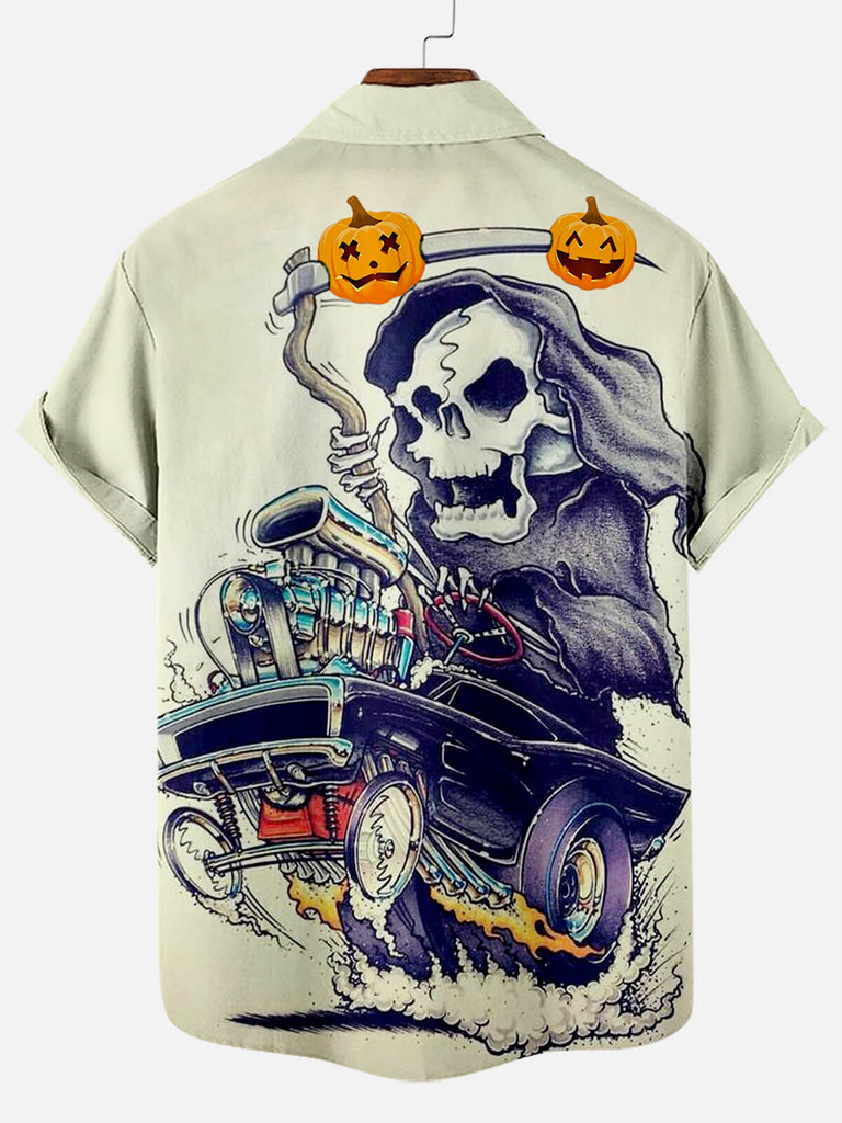 Halloween Grim Reaper Hot Rod Car Illustration Pattern Men's Short Sleeve ShirtMens short sleeve shirts Big and tall Mens shirts Short sleeve shirts for men Mens 4xl shirts Casual short sleeve shirts