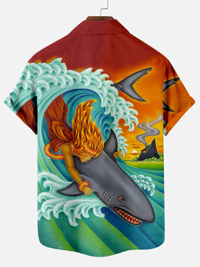 Shark Surfing Pattern Men's Hawaiian Short Sleeve ShirtMens short sleeve shirts Big and tall Mens shirts Short sleeve shirts for men Mens 4xl shirts Casual short sleeve shirts