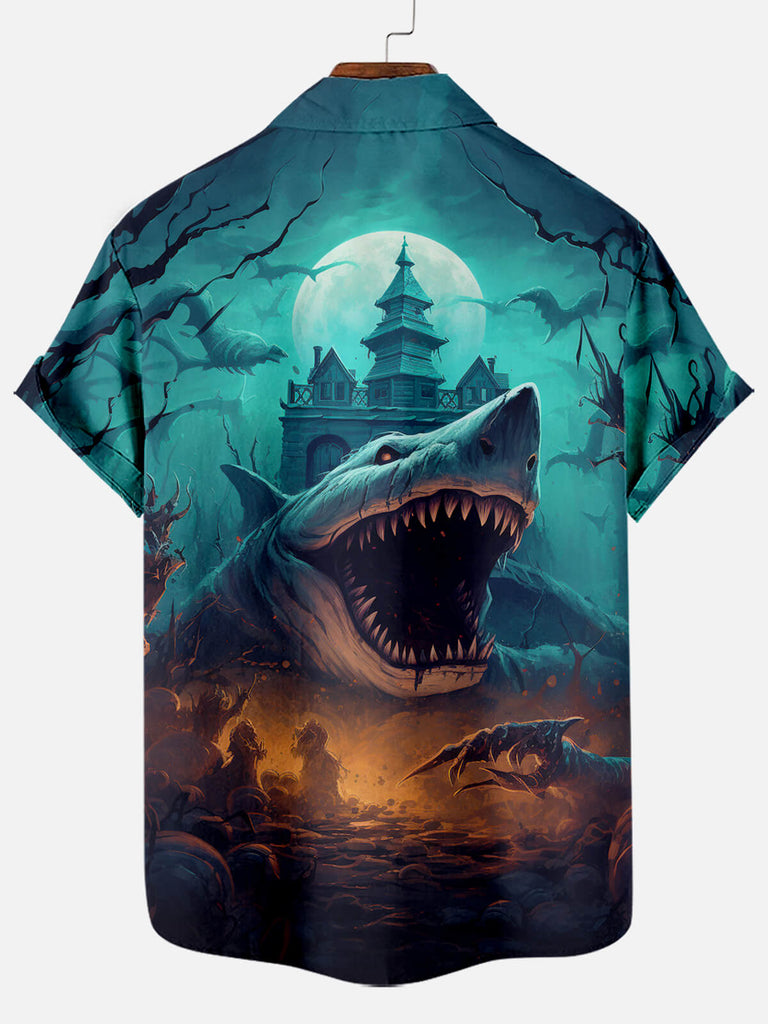 Halloween Scary Shark Illustration Men's Short Sleeve ShirtMens short sleeve shirts Big and tall Mens shirts Short sleeve shirts for men Mens 4xl shirts Casual short sleeve shirts