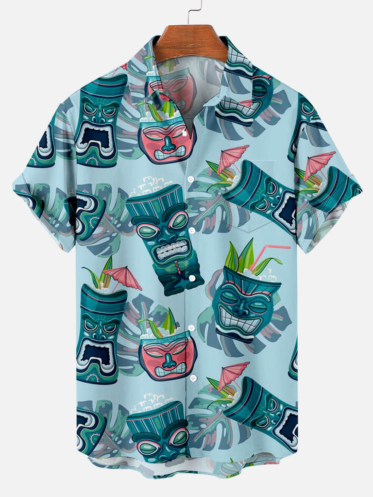 Men's Tiki Cocktail Pattern Short Sleeve Shirt with Chest PocketMens short sleeve shirts Big and tall Mens shirts Short sleeve shirts for men Mens 4xl shirts Casual short sleeve shirts