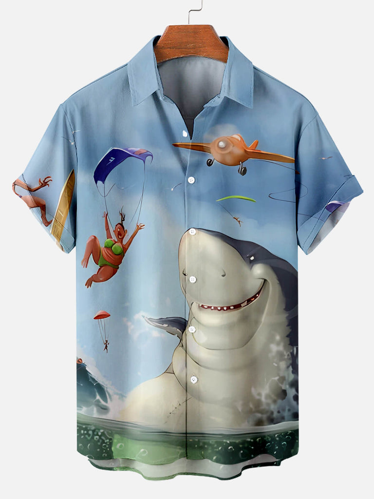 Men's Cartoon Fun Shark Print Short Sleeve ShirtMens short sleeve shirts Big and tall Mens shirts Short sleeve shirts for men Mens 4xl shirts Casual short sleeve shirts