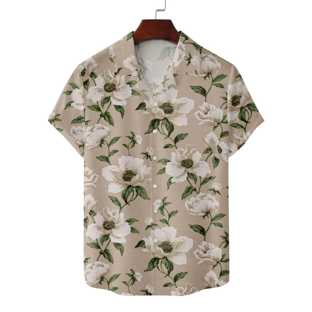 Men's Floral Print Vintage Illustrated Flowers Beige Short Sleeve ShirtMens short sleeve shirts Big and tall Mens shirts Short sleeve shirts for men Mens 4xl shirts Casual short sleeve shirts