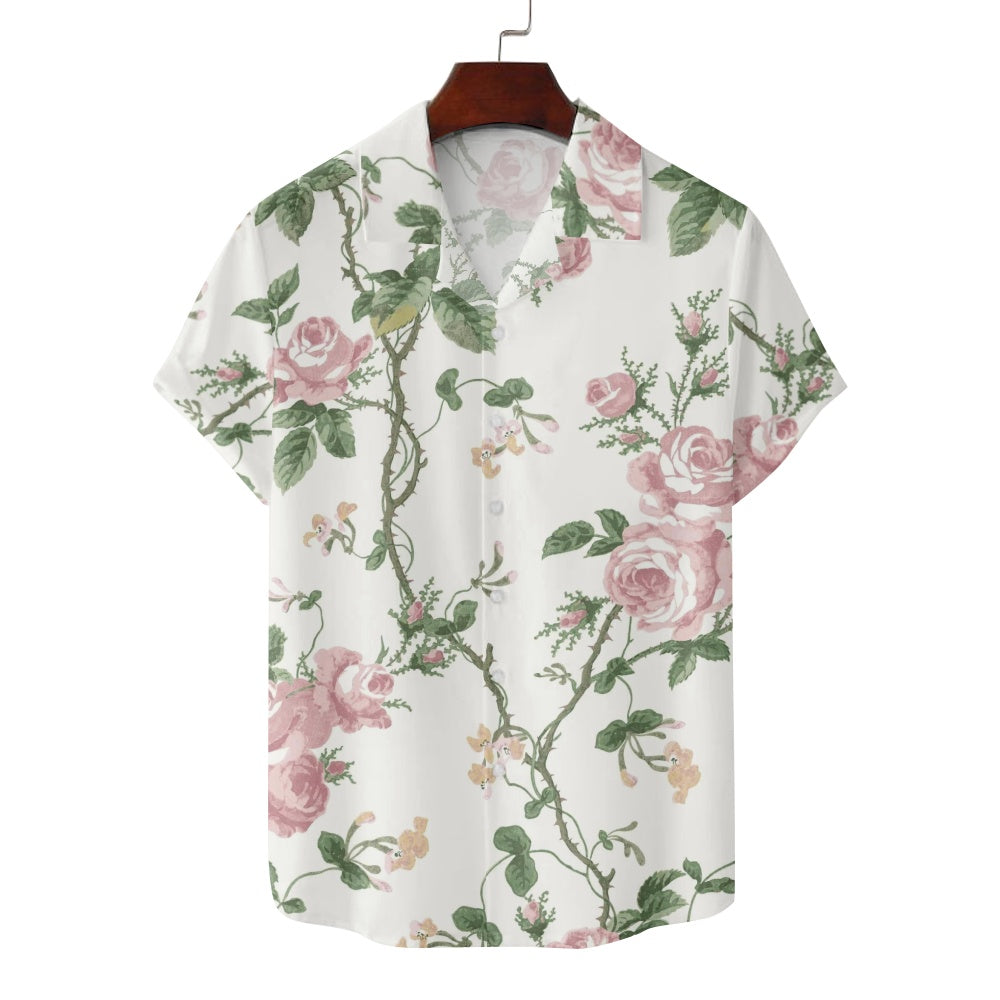 Men's Floral Print Illustrated Pink Roses Flowers Short Sleeve ShirtMens short sleeve shirts Big and tall Mens shirts Short sleeve shirts for men Mens 4xl shirts Casual short sleeve shirts