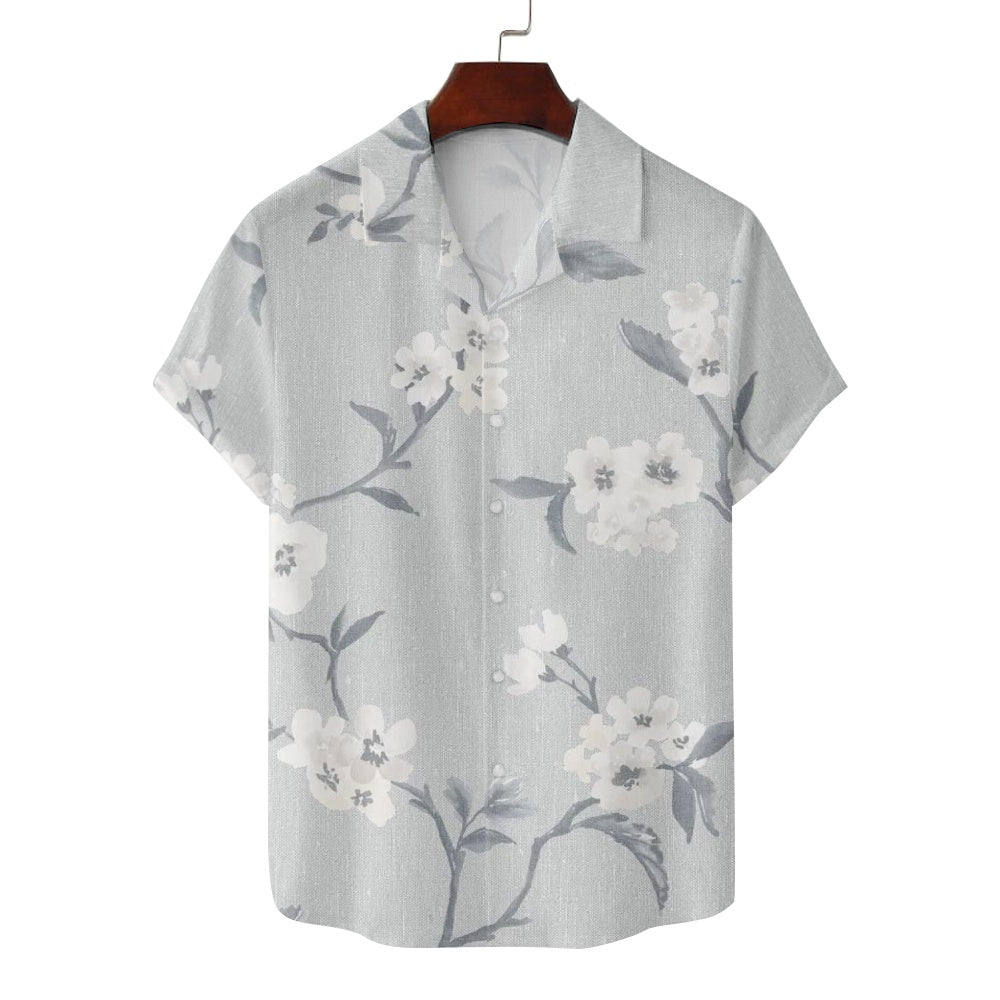 Men's Floral Print Gray Illustrated Cherry Blossom Flowers Short Sleeve ShirtMens short sleeve shirts Big and tall Mens shirts Short sleeve shirts for men Mens 4xl shirts Casual short sleeve shirts