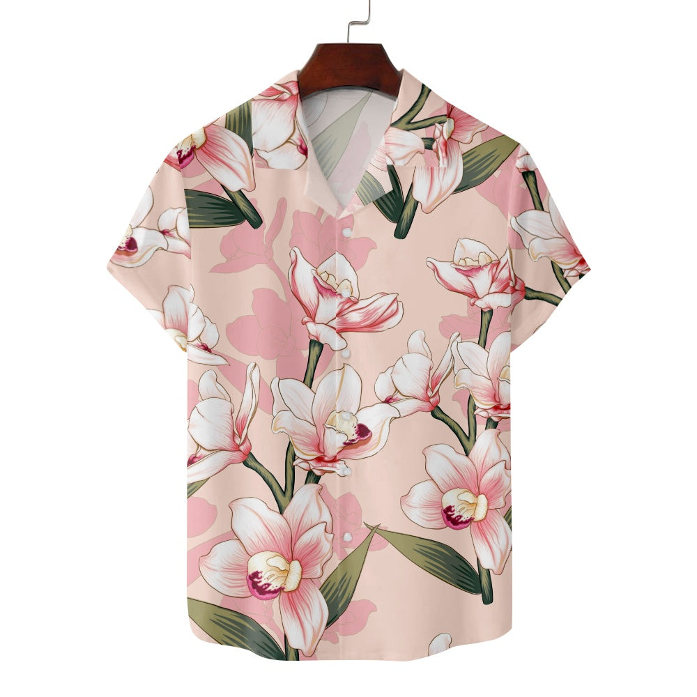 Men's Floral Print Pink Illustrated Flowers Short Sleeve ShirtMens short sleeve shirts Big and tall Mens shirts Short sleeve shirts for men Mens 4xl shirts Casual short sleeve shirts