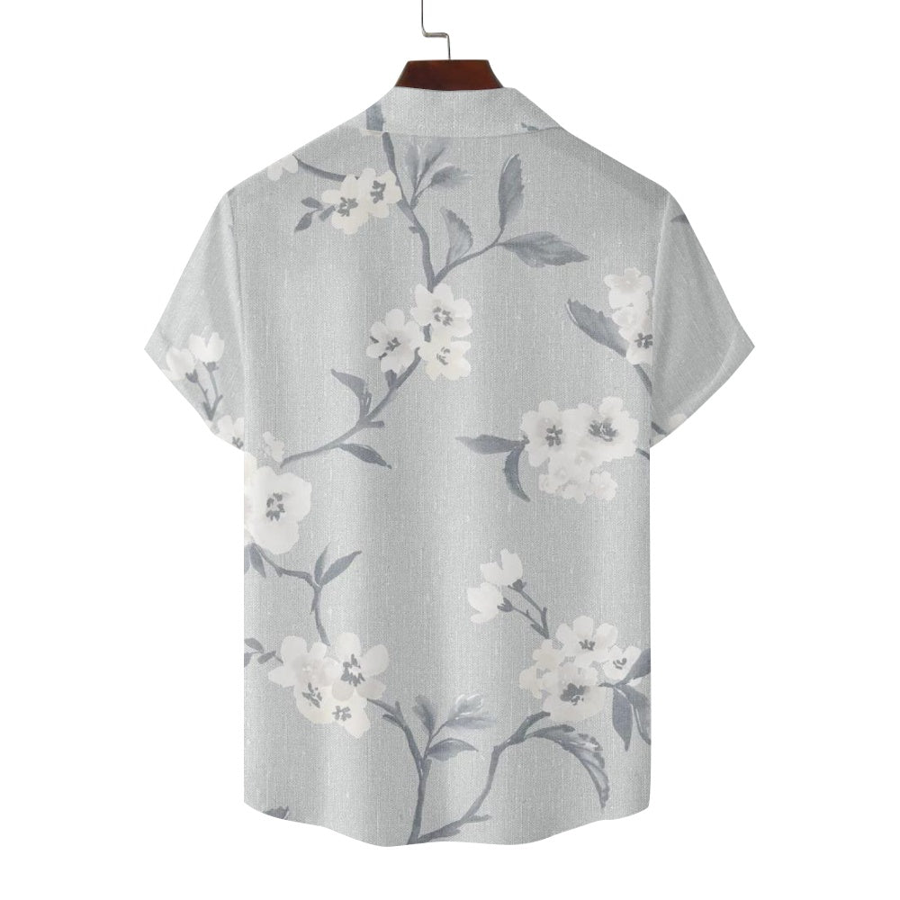 Men's Floral Print Gray Illustrated Cherry Blossom Flowers Short Sleeve ShirtMens short sleeve shirts Big and tall Mens shirts Short sleeve shirts for men Mens 4xl shirts Casual short sleeve shirts