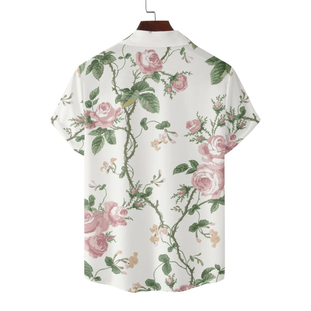 Men's Floral Print Illustrated Pink Roses Flowers Short Sleeve ShirtMens short sleeve shirts Big and tall Mens shirts Short sleeve shirts for men Mens 4xl shirts Casual short sleeve shirts