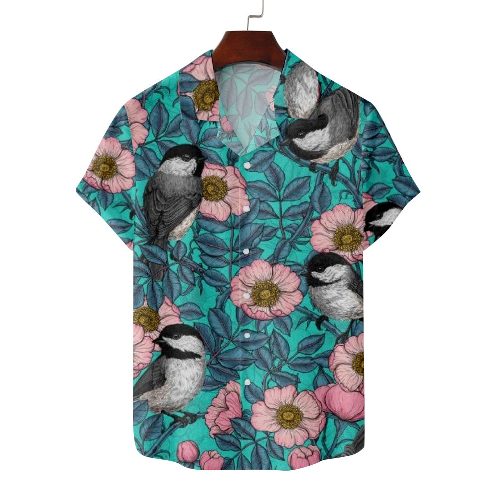 Men's Floral Print Illustrated Pink Flowers Black-capped Chickadee Bird Short Sleeve ShirtMens short sleeve shirts Big and tall Mens shirts Short sleeve shirts for men Mens 4xl shirts Casual short sleeve shirts