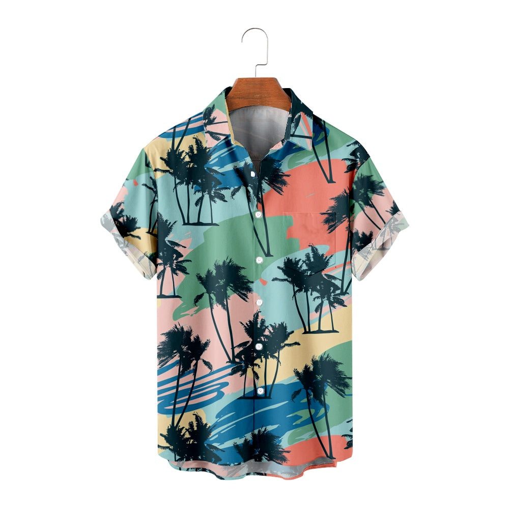 Men's Casual Palm Tree Pattern Print Short Sleeve ShirtMens short sleeve shirts Big and tall Mens shirts Short sleeve shirts for men Mens 4xl shirts Casual short sleeve shirts