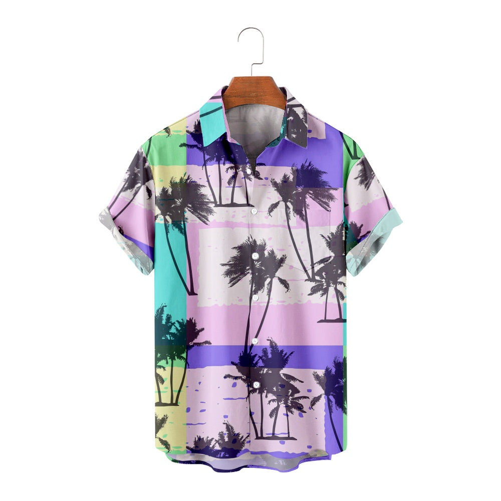 Men's Casual Palm Tree Pattern Print Short Sleeve ShirtMens short sleeve shirts Big and tall Mens shirts Short sleeve shirts for men Mens 4xl shirts Casual short sleeve shirts