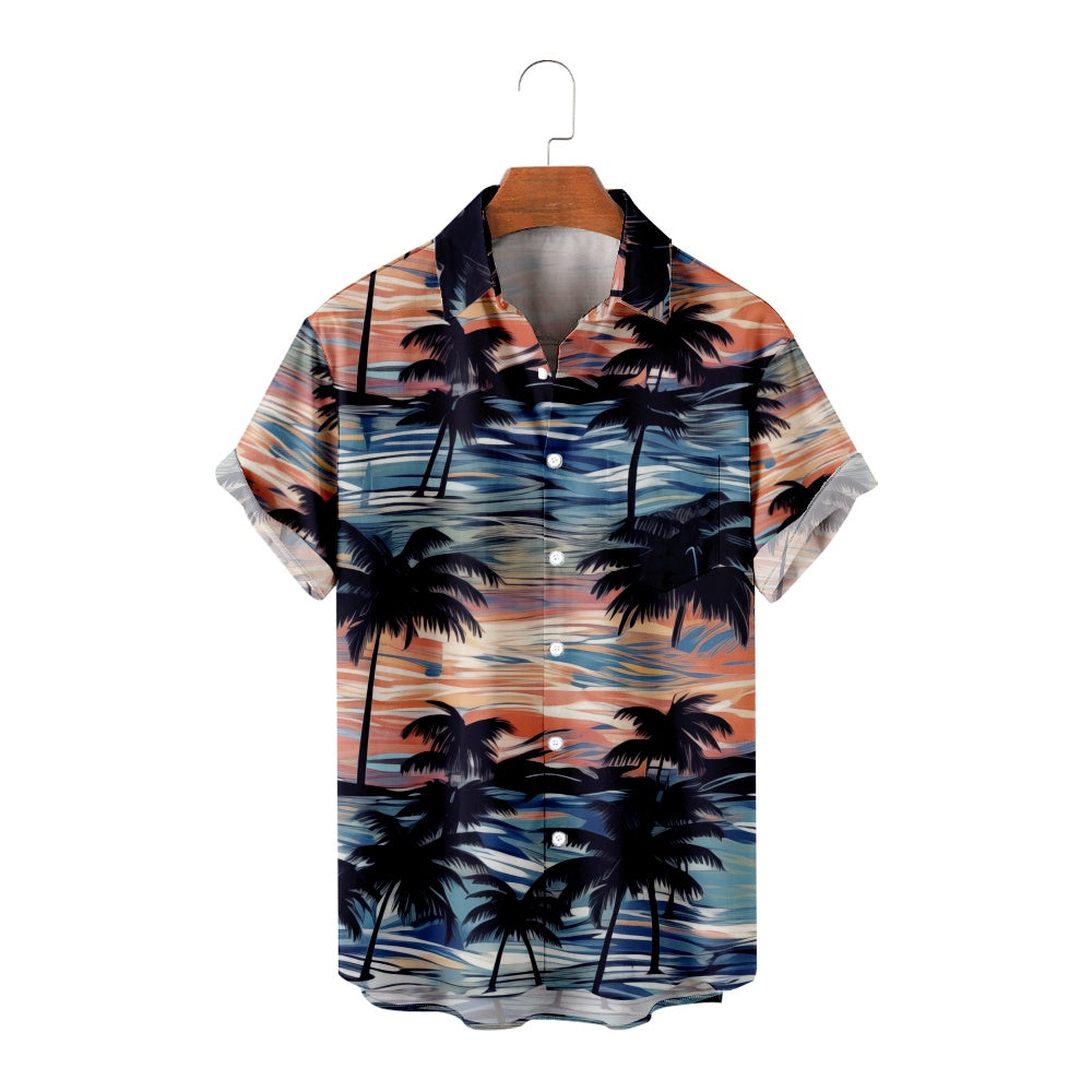 Men's Casual Palm Tree Pattern Print Short Sleeve ShirtMens short sleeve shirts Big and tall Mens shirts Short sleeve shirts for men Mens 4xl shirts Casual short sleeve shirts