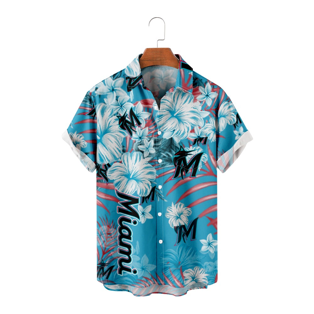 Miami Marlins Baseball Hawaiian Hibiscus Print Short Sleeve ShirtMens short sleeve shirts Big and tall Mens shirts Short sleeve shirts for men Mens 4xl shirts Casual short sleeve shirts