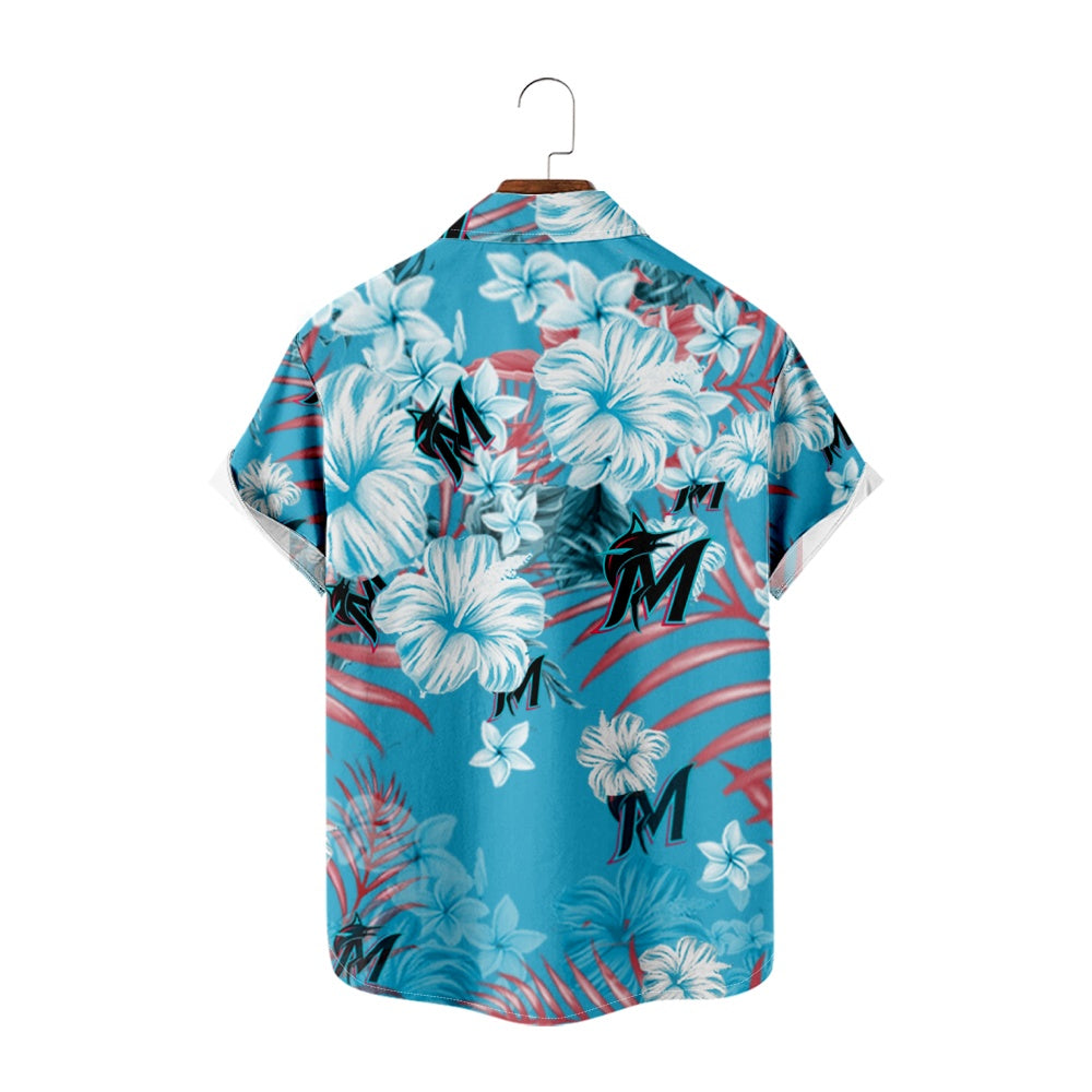 Miami Marlins Baseball Hawaiian Hibiscus Print Short Sleeve ShirtMens short sleeve shirts Big and tall Mens shirts Short sleeve shirts for men Mens 4xl shirts Casual short sleeve shirts