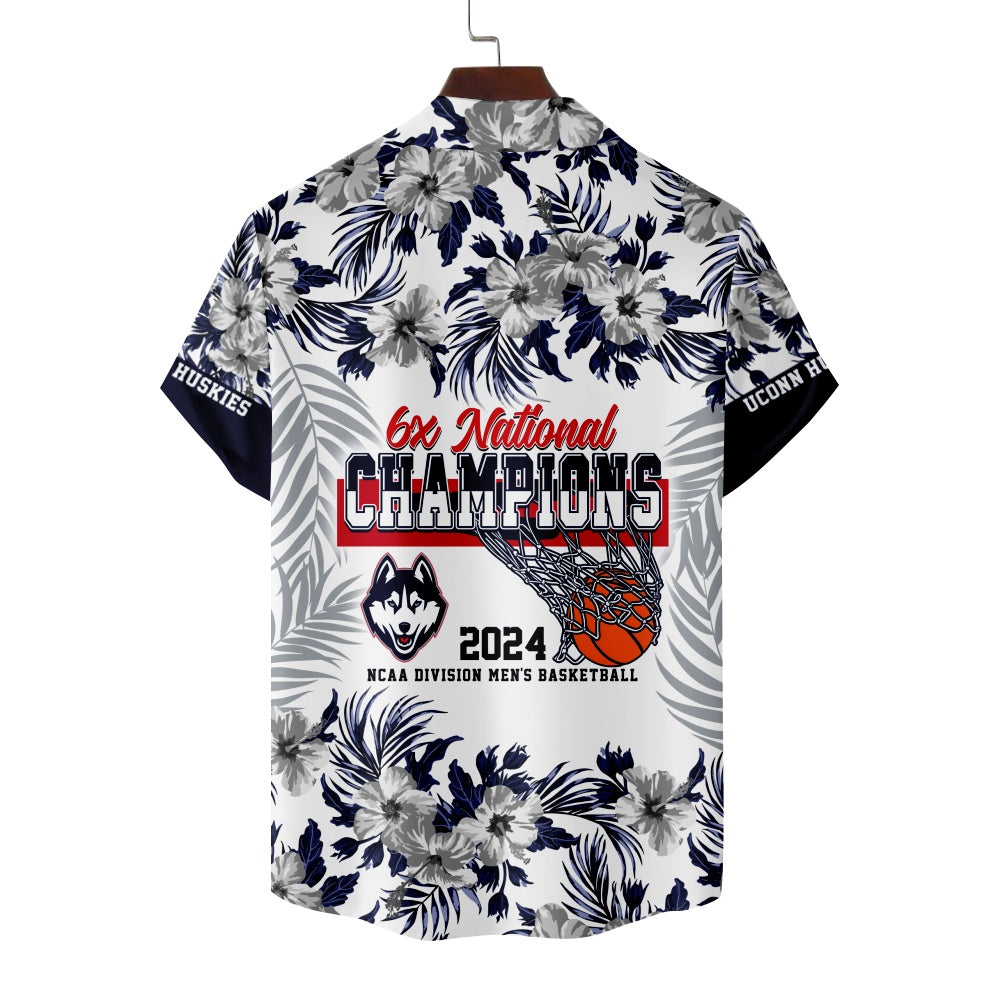 UConn Huskies Basketball Hawaiian Floral Hibiscus Print Short Sleeve ShirtMens short sleeve shirts Big and tall Mens shirts Short sleeve shirts for men Mens 4xl shirts Casual short sleeve shirts