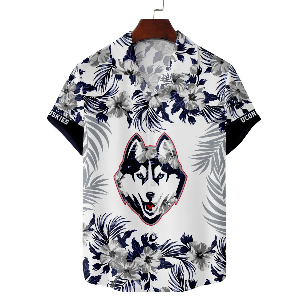 UConn Huskies Basketball Hawaiian Floral Hibiscus Print Short Sleeve ShirtMens short sleeve shirts Big and tall Mens shirts Short sleeve shirts for men Mens 4xl shirts Casual short sleeve shirts