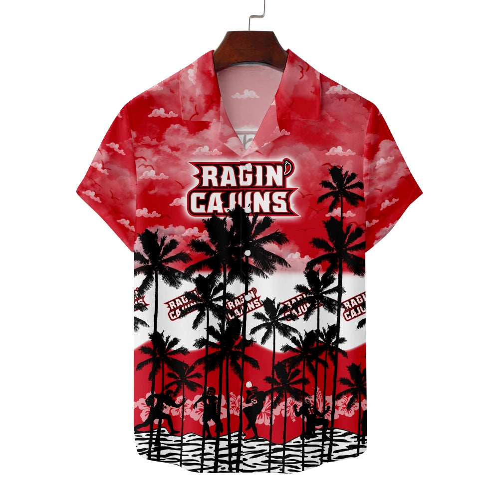 Louisiana Ragin' Cajuns American Football Hawaiian Palm Tree Print Short Sleeve ShirtMens short sleeve shirts Big and tall Mens shirts Short sleeve shirts for men Mens 4xl shirts Casual short sleeve shirts