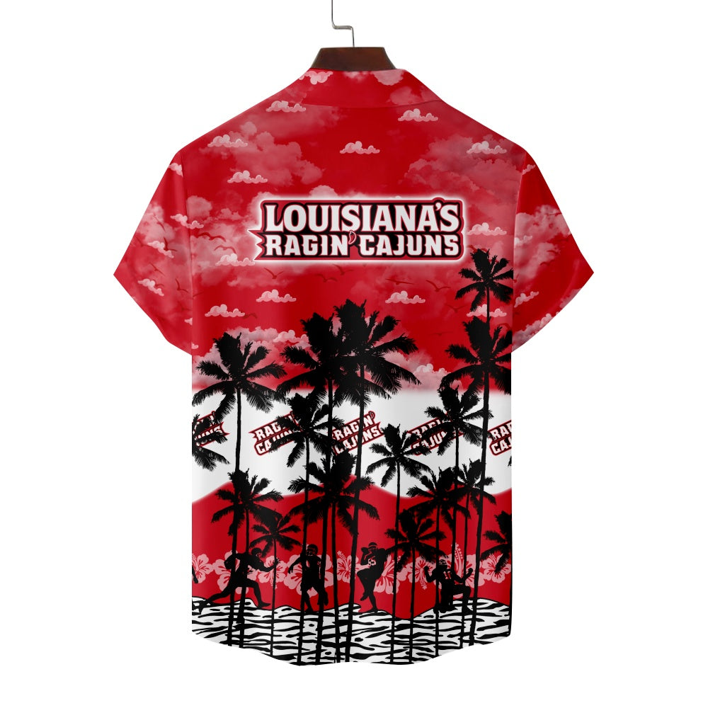 Louisiana Ragin' Cajuns American Football Hawaiian Palm Tree Print Short Sleeve ShirtMens short sleeve shirts Big and tall Mens shirts Short sleeve shirts for men Mens 4xl shirts Casual short sleeve shirts