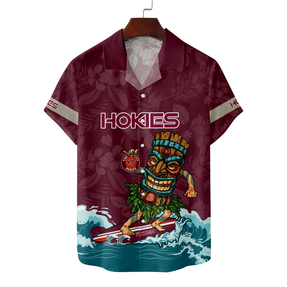 Virginia Tech Hokies Amerian Football Surfing Tiki Print Short Sleeve ShirtMens short sleeve shirts Big and tall Mens shirts Short sleeve shirts for men Mens 4xl shirts Casual short sleeve shirts