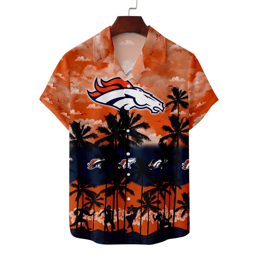 Denver Broncos American Football Hawaiian Palm Footballer Silhouette Print Short Sleeve ShirtMens short sleeve shirts Big and tall Mens shirts Short sleeve shirts for men Mens 4xl shirts Casual short sleeve shirts