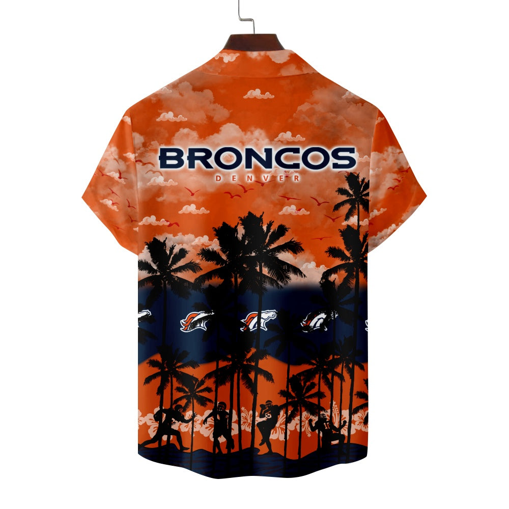 Denver Broncos American Football Hawaiian Palm Footballer Silhouette Print Short Sleeve ShirtMens short sleeve shirts Big and tall Mens shirts Short sleeve shirts for men Mens 4xl shirts Casual short sleeve shirts