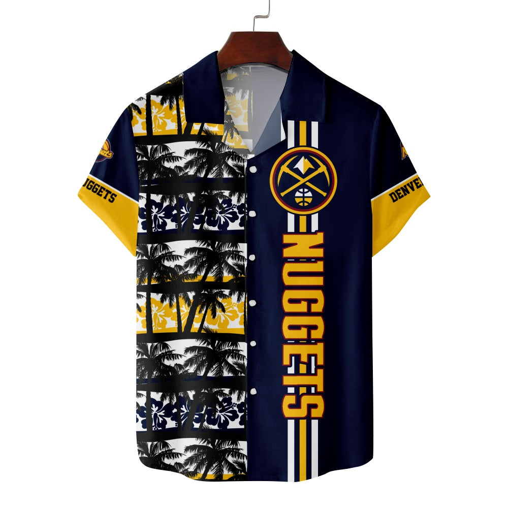 Denver Nuggets Basketball Hawaiian Palm Tree Striped Short Sleeve ShirtMens short sleeve shirts Big and tall Mens shirts Short sleeve shirts for men Mens 4xl shirts Casual short sleeve shirts