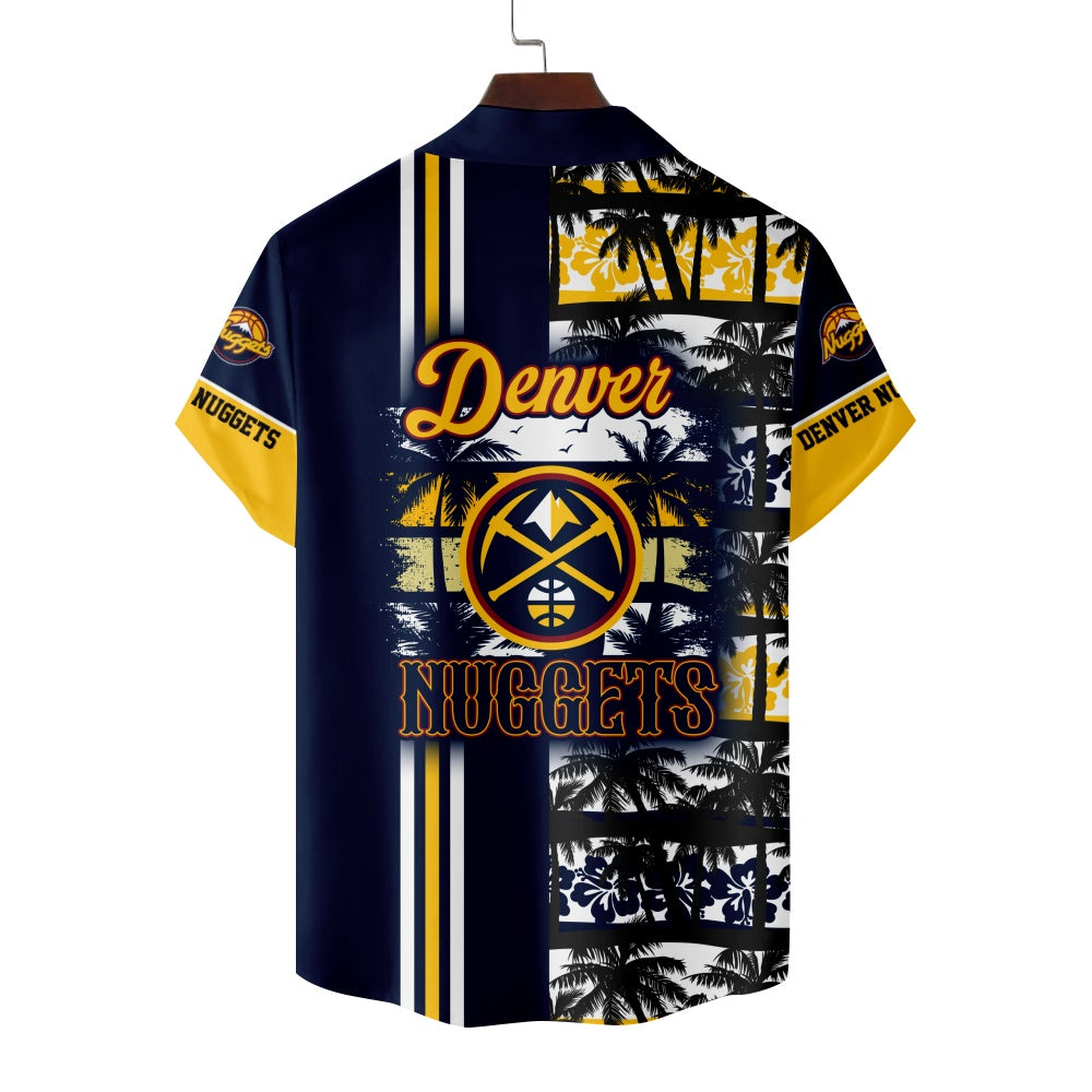 Denver Nuggets Basketball Hawaiian Palm Tree Striped Short Sleeve ShirtMens short sleeve shirts Big and tall Mens shirts Short sleeve shirts for men Mens 4xl shirts Casual short sleeve shirts