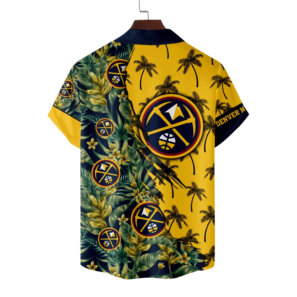 Denver Nuggets Basketball Hawaiian Palm Tree Foliage Short Sleeve ShirtMens short sleeve shirts Big and tall Mens shirts Short sleeve shirts for men Mens 4xl shirts Casual short sleeve shirts