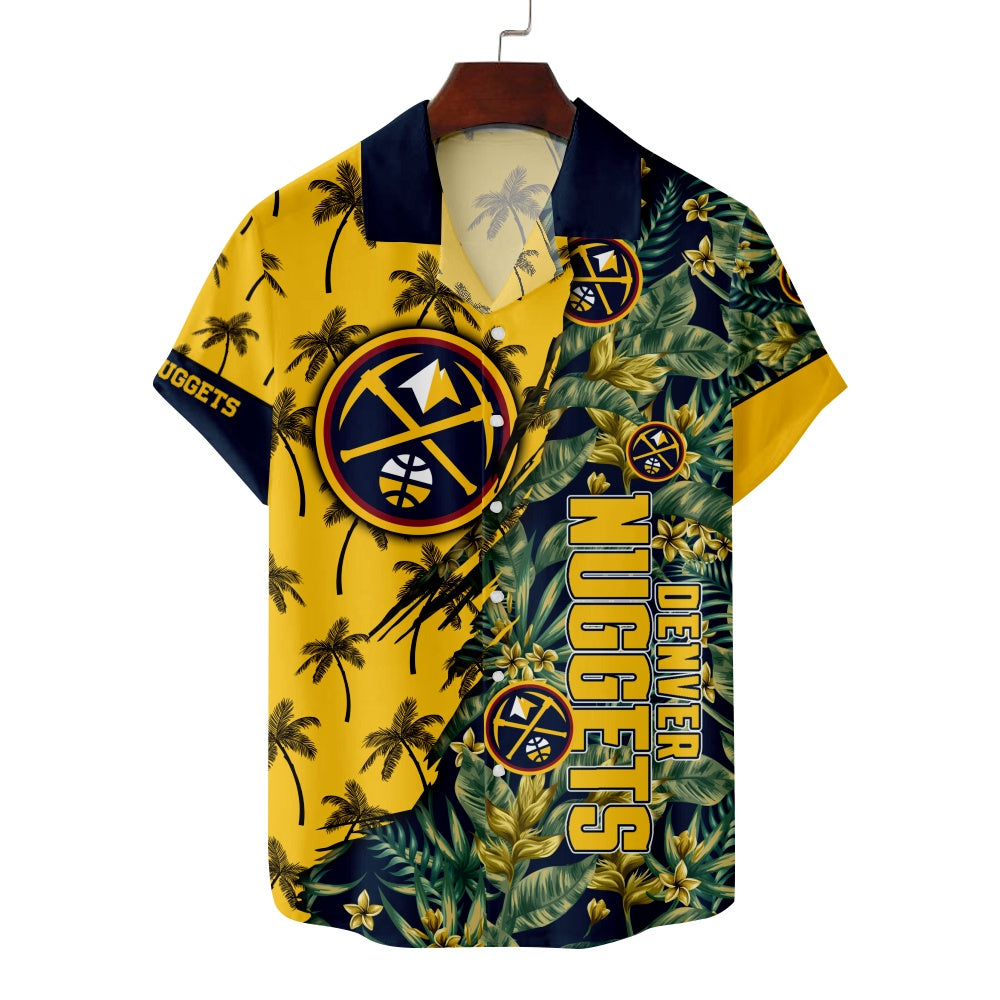 Denver Nuggets Basketball Hawaiian Palm Tree Foliage Short Sleeve ShirtMens short sleeve shirts Big and tall Mens shirts Short sleeve shirts for men Mens 4xl shirts Casual short sleeve shirts