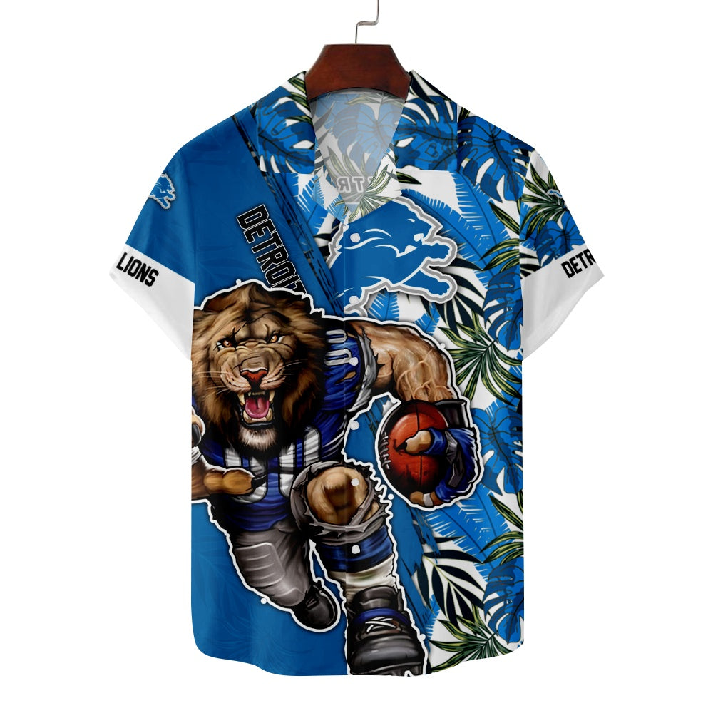 Detroit Lions American Football Lion Mascot Foliage Short Sleeve ShirtMens short sleeve shirts Big and tall Mens shirts Short sleeve shirts for men Mens 4xl shirts Casual short sleeve shirts