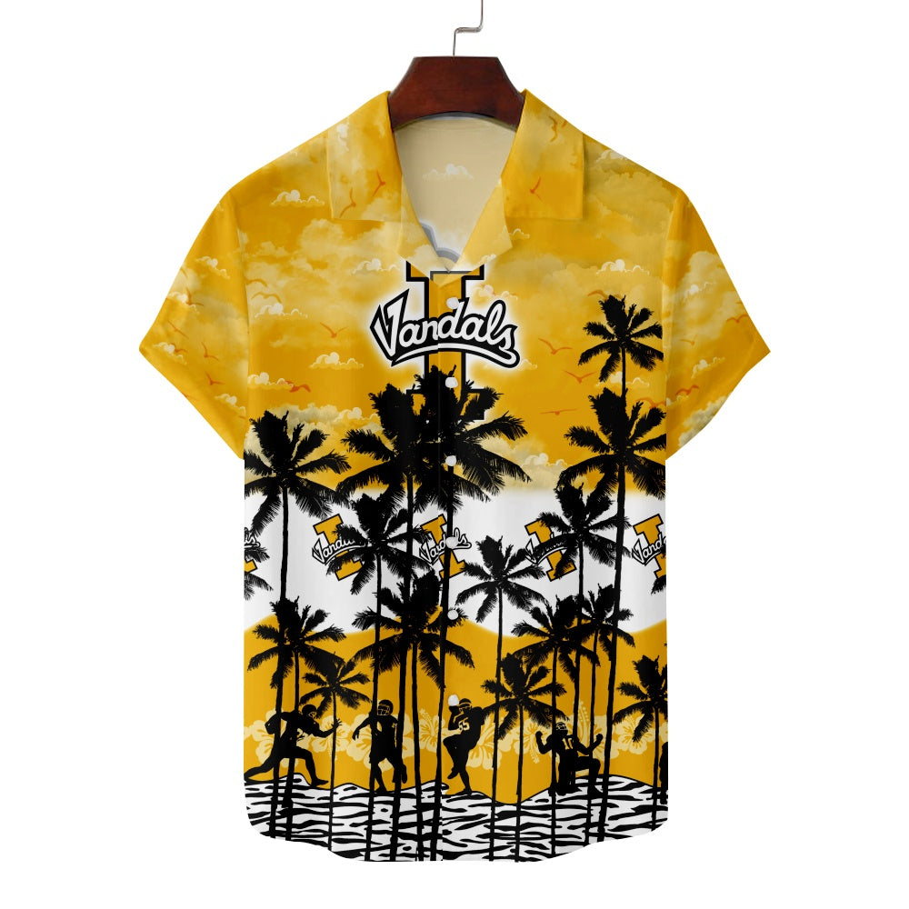 Idaho Vandals American Football Hawaiian Palm Tree Footballer Silhouette Print Short Sleeve ShirtMens short sleeve shirts Big and tall Mens shirts Short sleeve shirts for men Mens 4xl shirts Casual short sleeve shirts