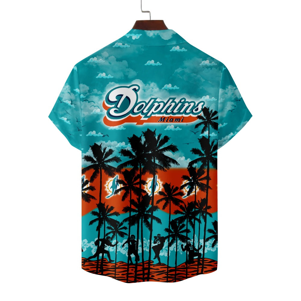 Miami Dolphins American Football Hawaiian Print Footballer Silhouettes Short Sleeve ShirtMens short sleeve shirts Big and tall Mens shirts Short sleeve shirts for men Mens 4xl shirts Casual short sleeve shirts