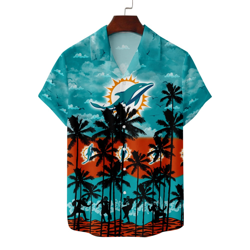 Miami Dolphins American Football Hawaiian Print Footballer Silhouettes Short Sleeve ShirtMens short sleeve shirts Big and tall Mens shirts Short sleeve shirts for men Mens 4xl shirts Casual short sleeve shirts