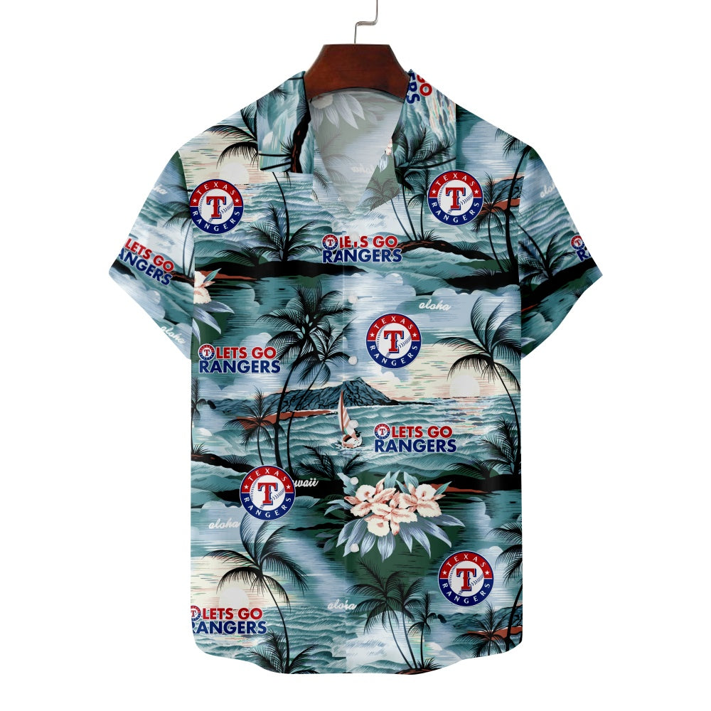 Texas Rangers Baseball Let's Go Rangers Hawaiian Island Print Short Sleeve ShirtMens short sleeve shirts Big and tall Mens shirts Short sleeve shirts for men Mens 4xl shirts Casual short sleeve shirts