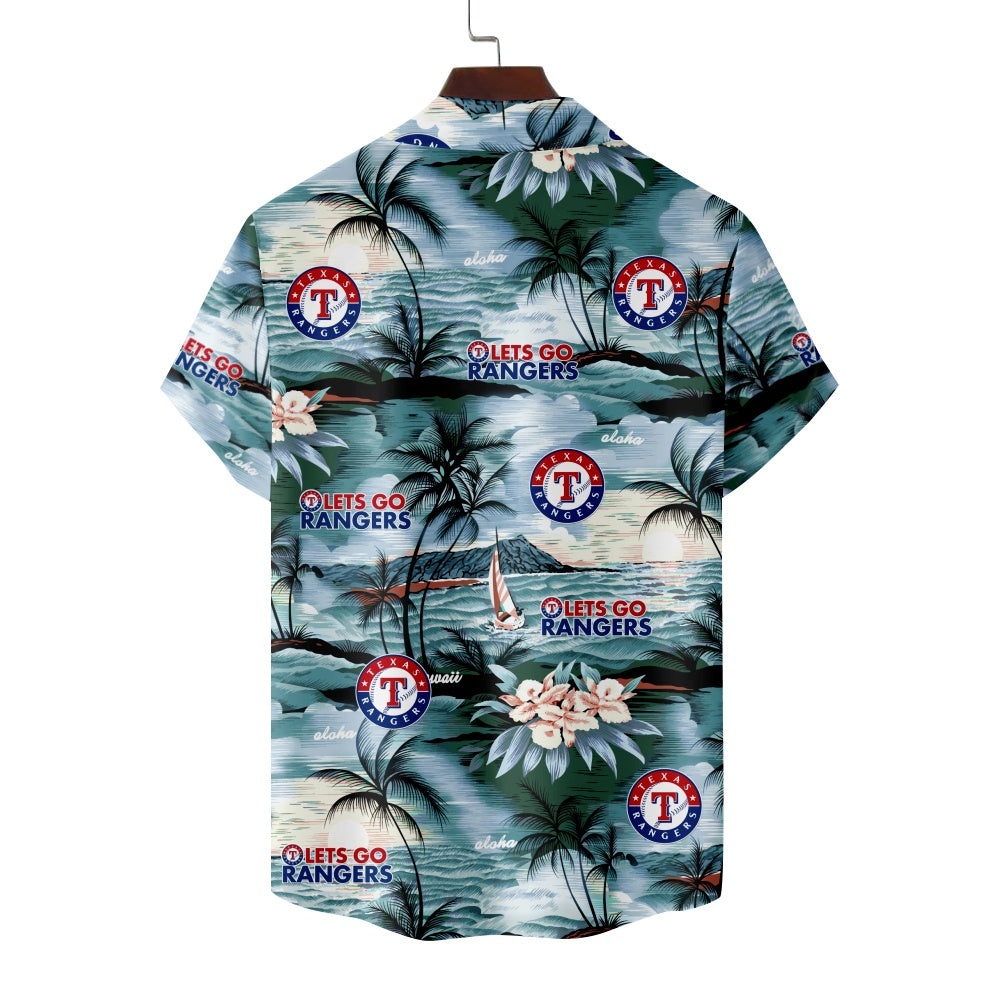 Texas Rangers Baseball Let's Go Rangers Hawaiian Island Print Short Sleeve ShirtMens short sleeve shirts Big and tall Mens shirts Short sleeve shirts for men Mens 4xl shirts Casual short sleeve shirts