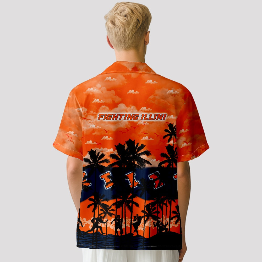 Illinois Fighting Illini American Football Palm Tree Footballer Silhouettes Print Short Sleeve ShirtMens short sleeve shirts Big and tall Mens shirts Short sleeve shirts for men Mens 4xl shirts Casual short sleeve shirts