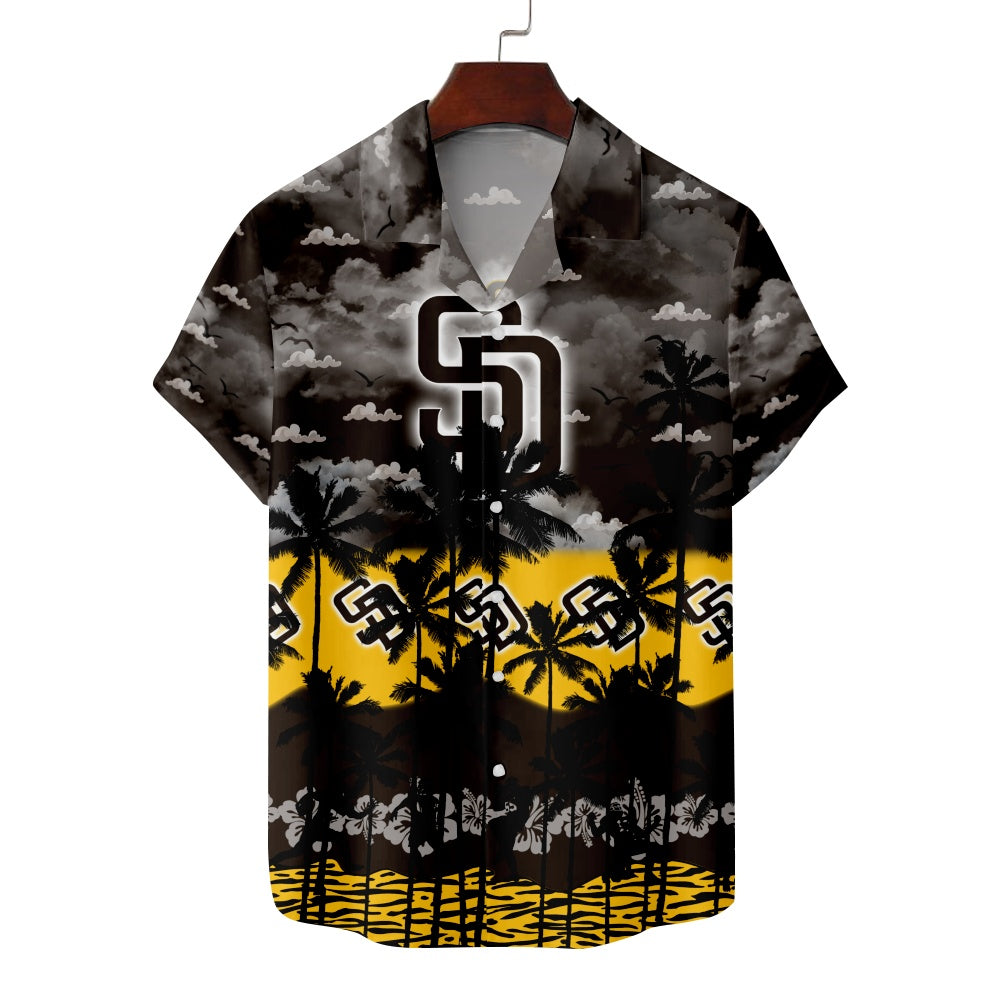 San Diego Padres Baseball Hawaiian Palm Tree Hibiscus Short Sleeve ShirtMens short sleeve shirts Big and tall Mens shirts Short sleeve shirts for men Mens 4xl shirts Casual short sleeve shirts