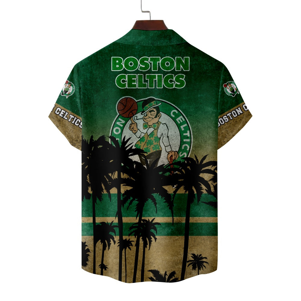 Boston Celtics Basketball Hawaiian Palm Print Short Sleeve ShirtMens short sleeve shirts Big and tall Mens shirts Short sleeve shirts for men Mens 4xl shirts Casual short sleeve shirts