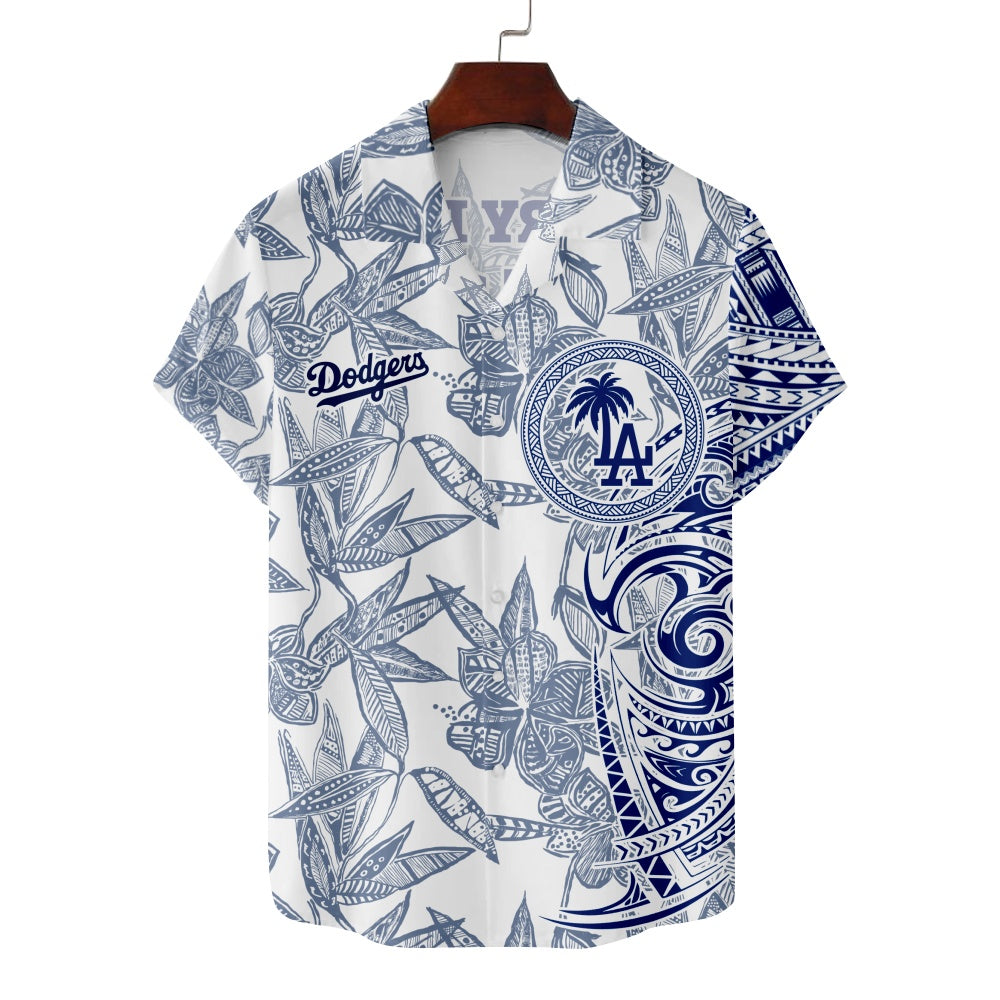 Los Angeles Dodgers Baseball Hawaiian Tribal Floral Print ShirtMens short sleeve shirts Big and tall Mens shirts Short sleeve shirts for men Mens 4xl shirts Casual short sleeve shirts