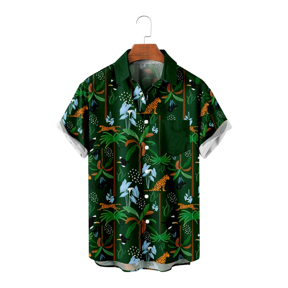 Men's Hand Illustrated Hawaiian Modern Palm Leopard Print Short Sleeve ShirtMens short sleeve shirts Big and tall Mens shirts Short sleeve shirts for men Mens 4xl shirts Casual short sleeve shirts