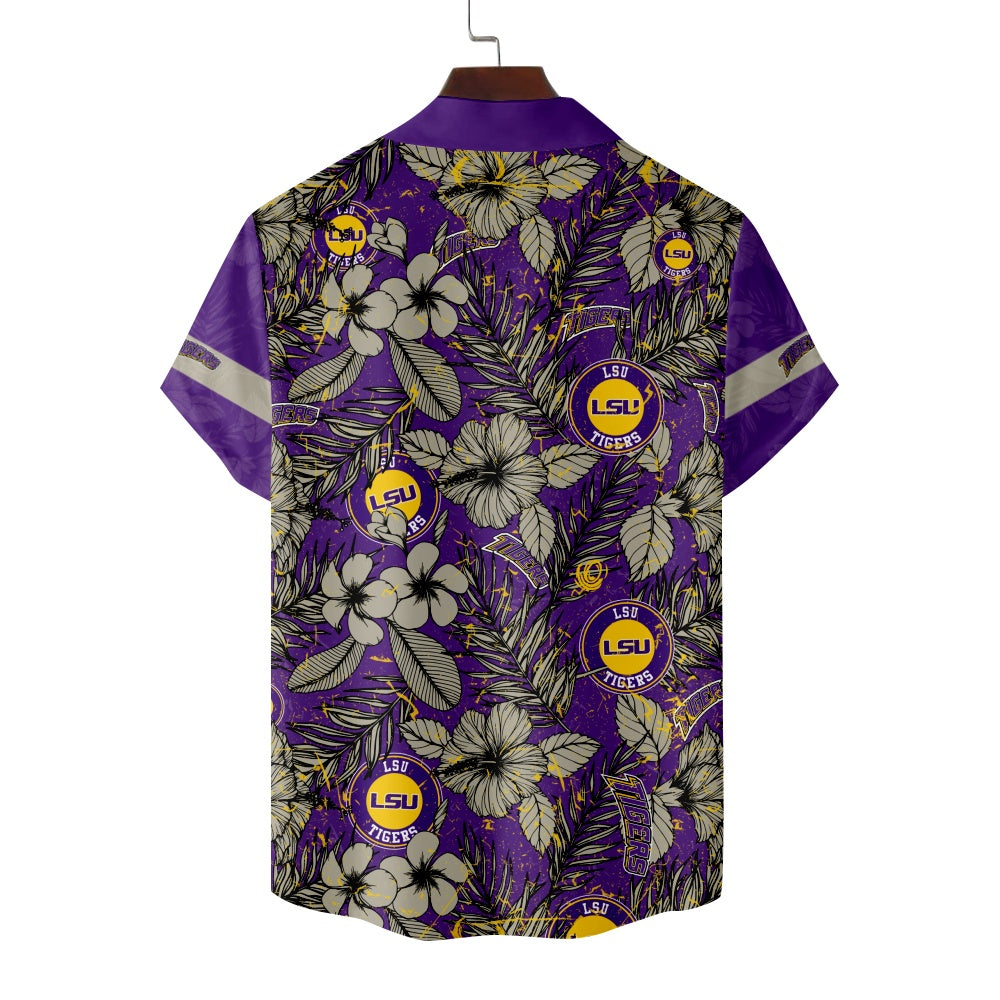 LSU Tigers Amerian Football Surfing Tiki Print Short Sleeve ShirtMens short sleeve shirts Big and tall Mens shirts Short sleeve shirts for men Mens 4xl shirts Casual short sleeve shirts