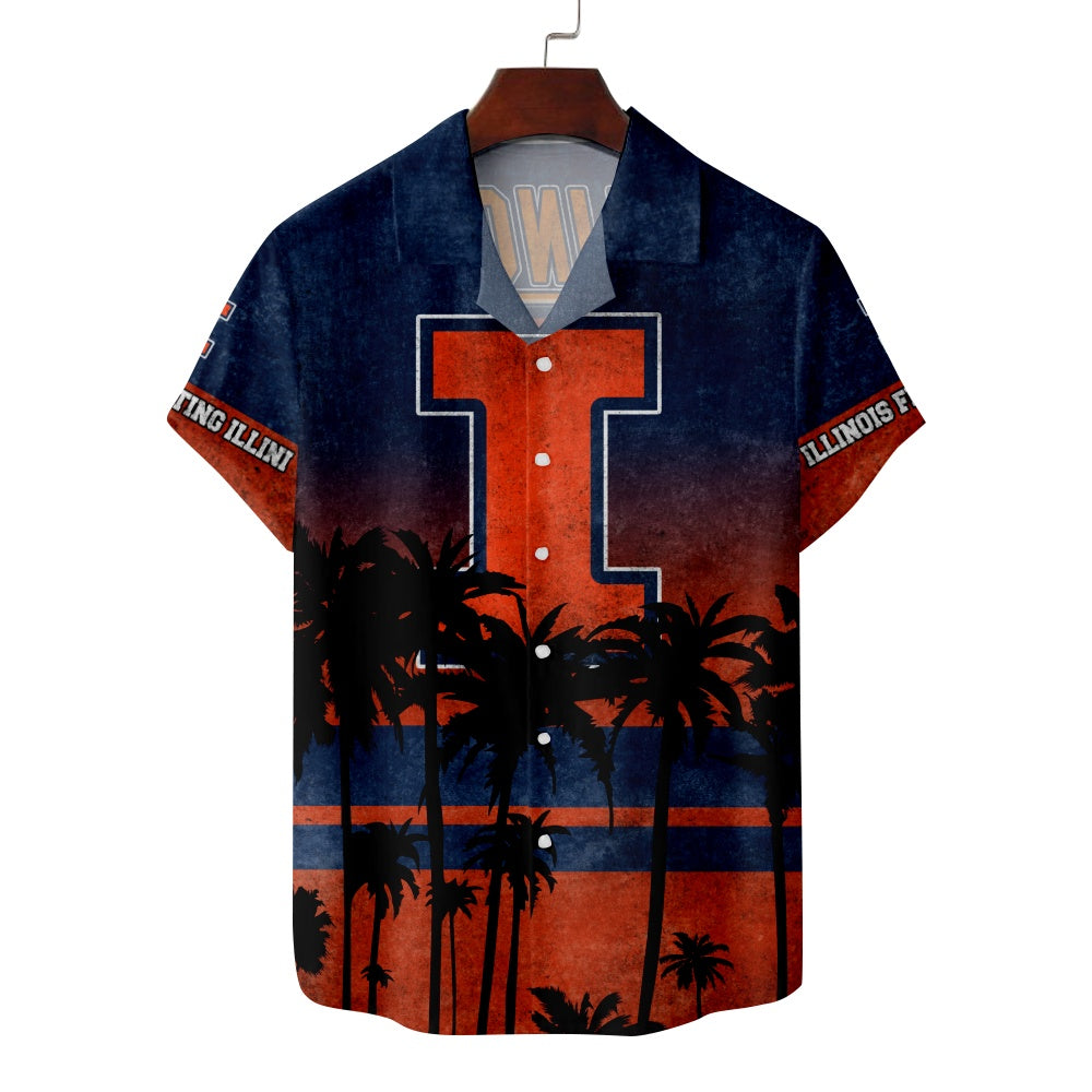 Illinois Fighting Illini American Football Hawaiian Palm Print Short Sleeve ShirtMens short sleeve shirts Big and tall Mens shirts Short sleeve shirts for men Mens 4xl shirts Casual short sleeve shirts