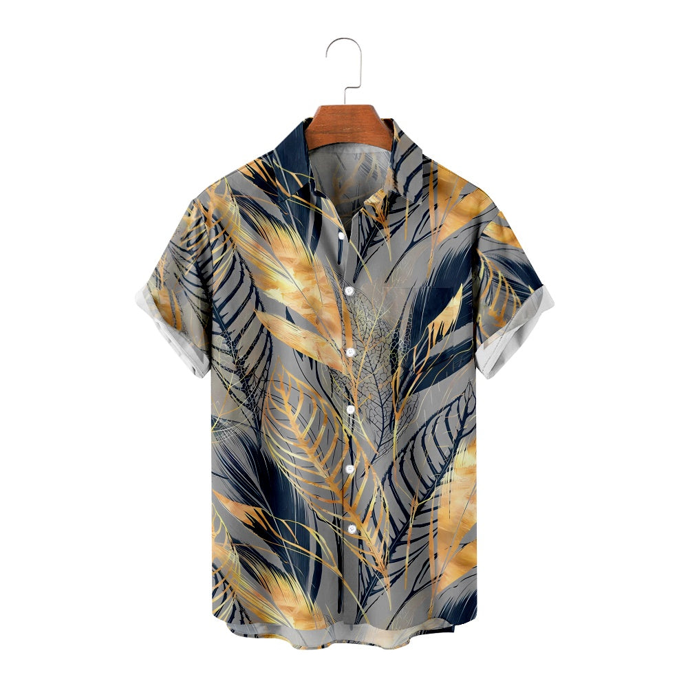 Men's Golden Leaf Print Short Sleeve ShirtMens short sleeve shirts Big and tall Mens shirts Short sleeve shirts for men Mens 4xl shirts Casual short sleeve shirts