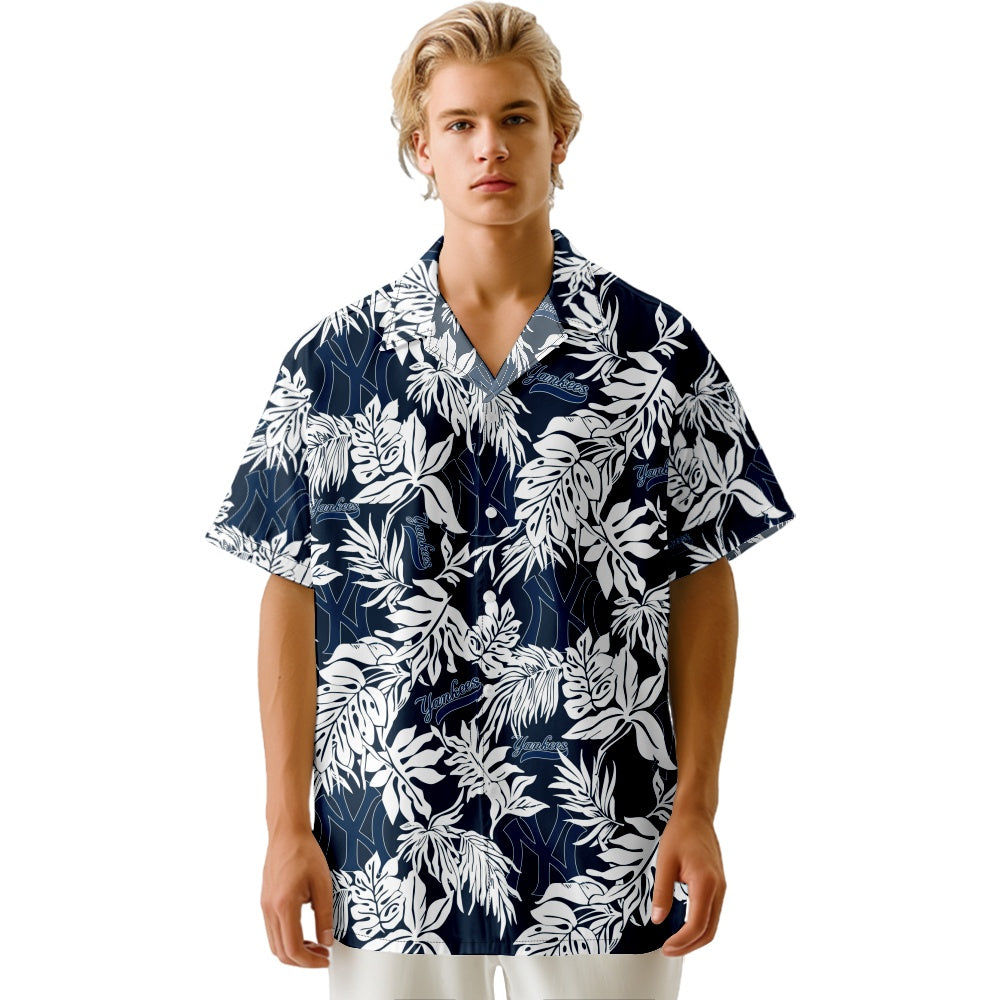 New York Yankees Baseball Hawaiian Print Foliage Leaf Short Sleeve ShirtMens short sleeve shirts Big and tall Mens shirts Short sleeve shirts for men Mens 4xl shirts Casual short sleeve shirts