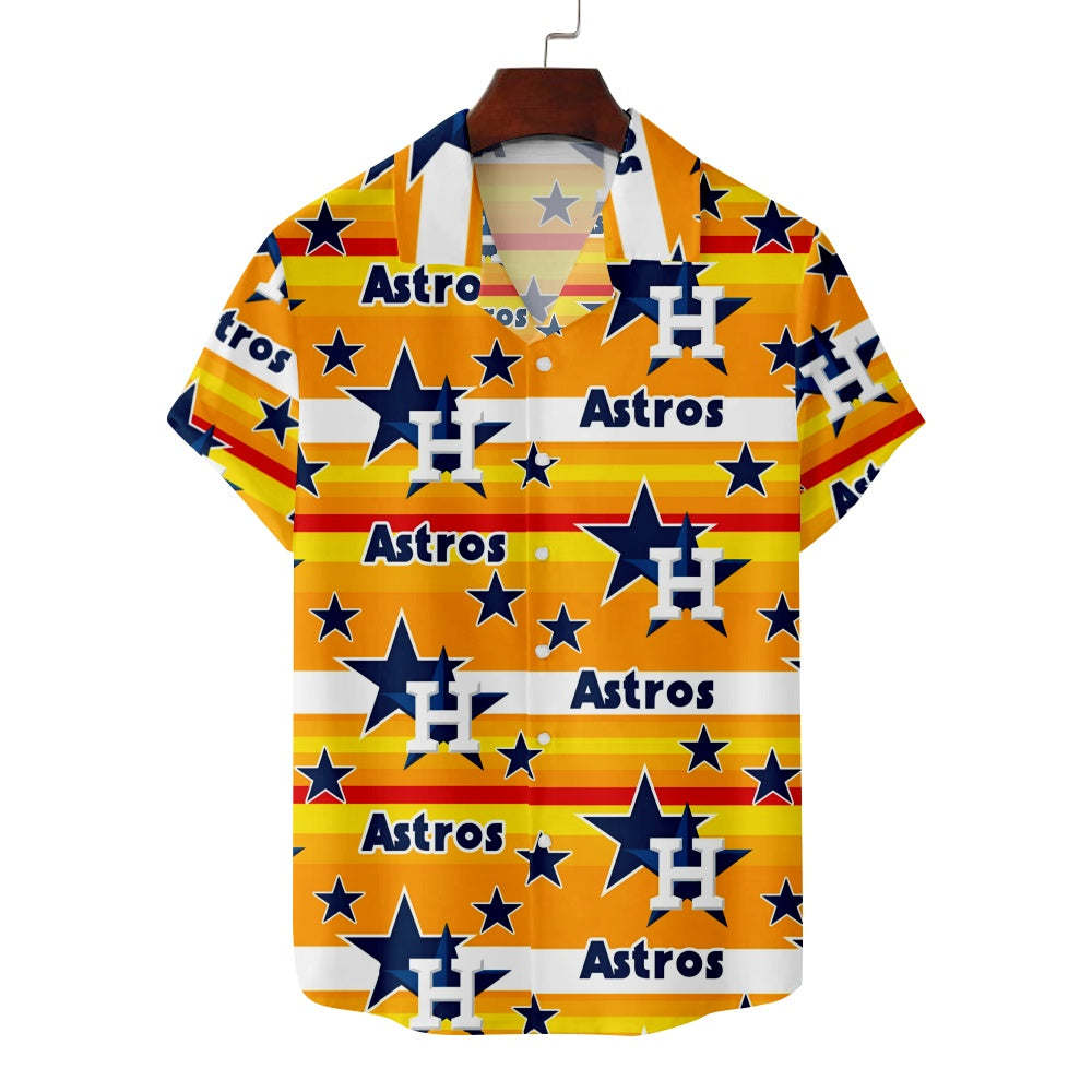 Houston Astros Baseball All Over Logo Print Yellow and Orange Short Sleeve ShirtMens short sleeve shirts Big and tall Mens shirts Short sleeve shirts for men Mens 4xl shirts Casual short sleeve shirts