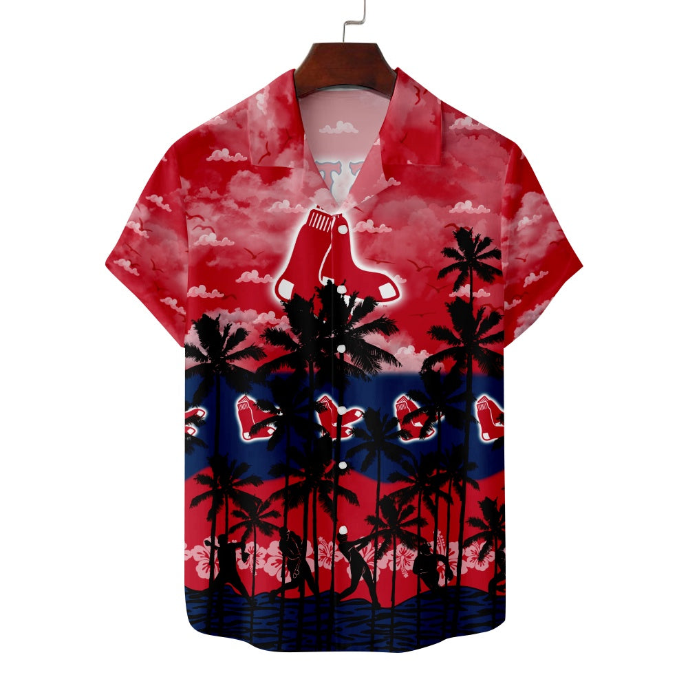 Boston Red Sox Baseball Hawaiian Print Palm Short Sleeve ShirtMens short sleeve shirts Big and tall Mens shirts Short sleeve shirts for men Mens 4xl shirts Casual short sleeve shirts